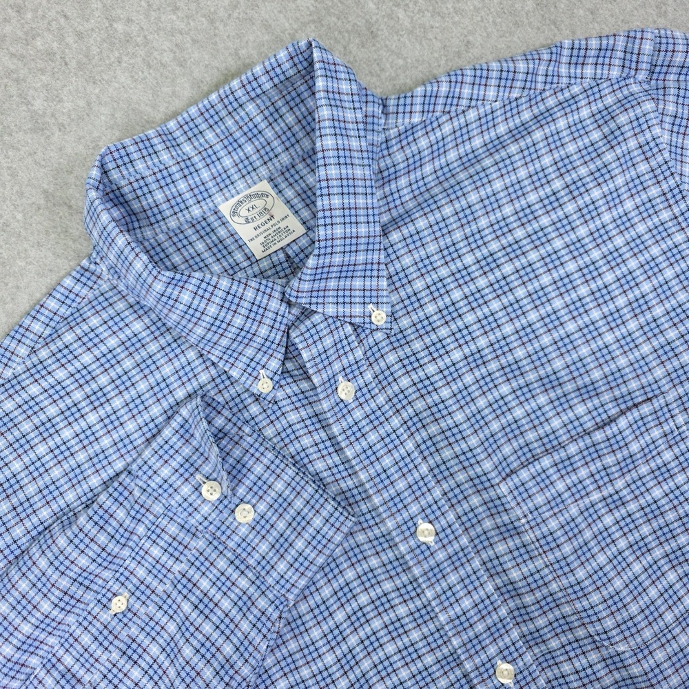 Brooks Brothers Regent Non-Iron Cotton Check Shirt Blue Men's XXL Long Sleeve